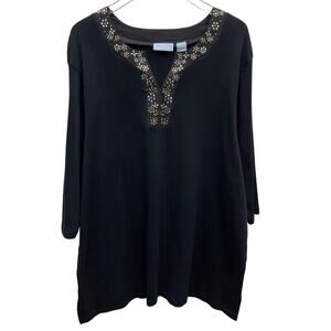 Liz & Me Black Knit Embellished V-Neckline Tunic Top Size 22/24W NEW